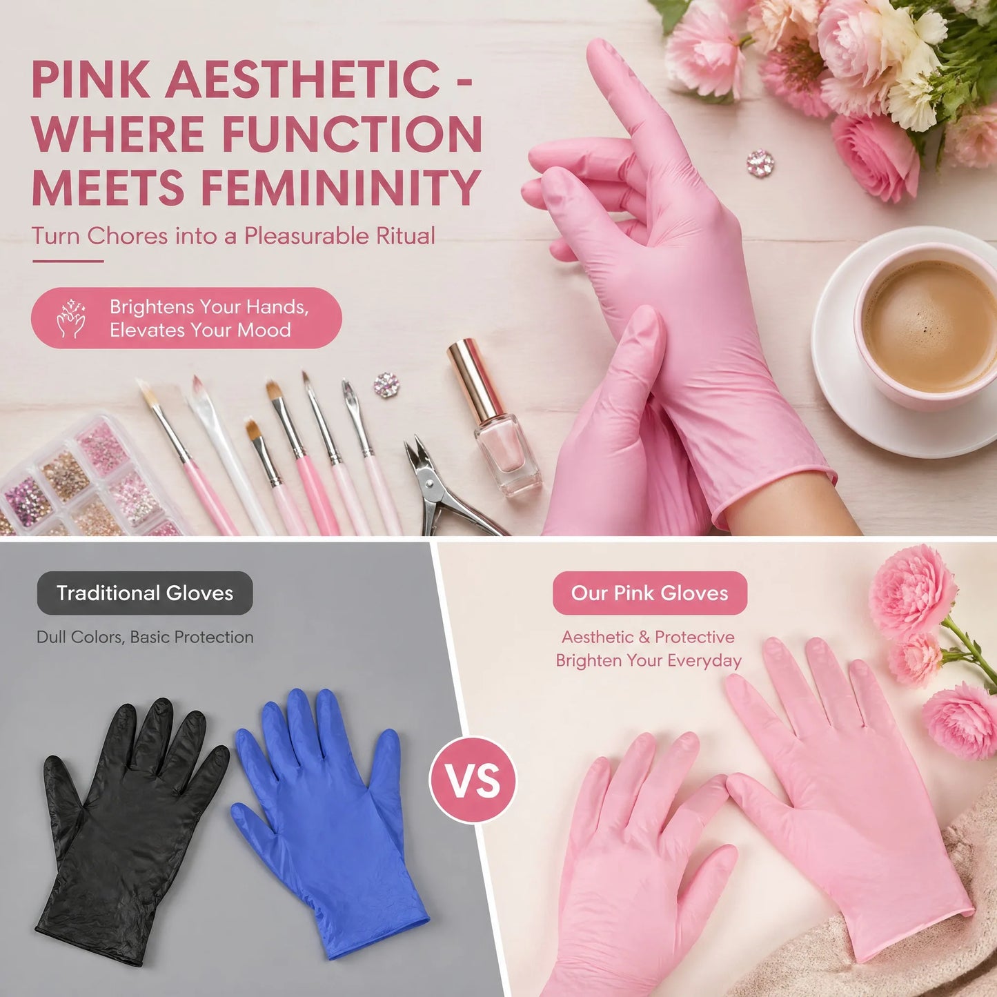 100 Pcs Pink Nitrile Gloves
