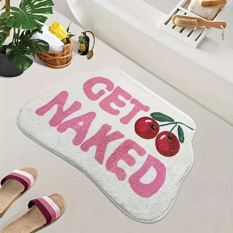 "GET NAKED" Cherry Bathroom Floor Mat Absorbent Anti slip Bathroom Mat Bathtub Shower Area Sink Soft Foot Mat